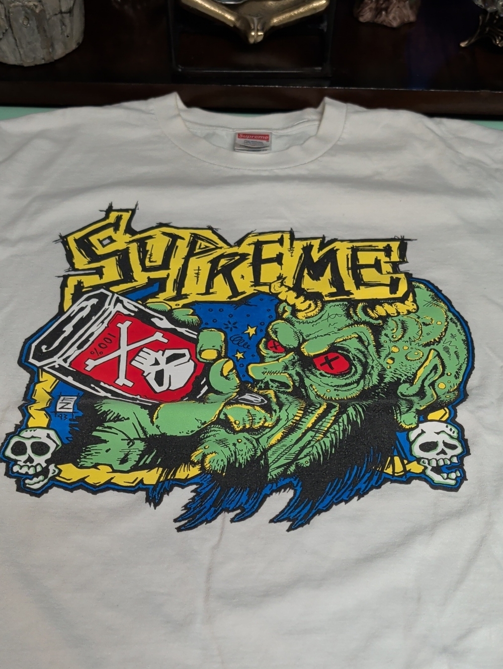 Supreme White Rob Zombie Tee with Green Monster and Yellow Logo